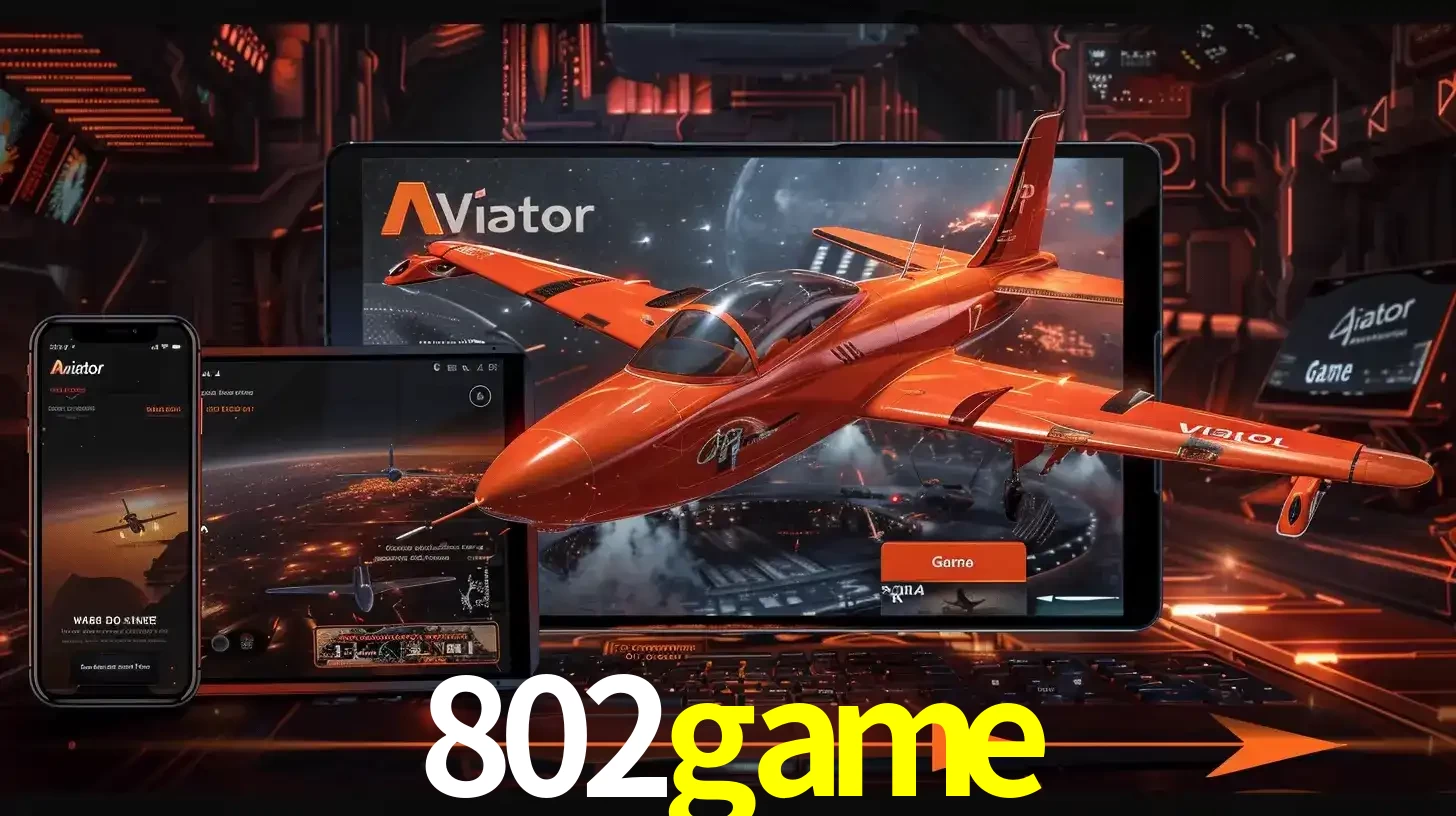 Apresentação tecnológica do jogo Aviator com um avião saindo da tela de um tablet, demonstrando a experiência imersiva em múltiplos dispositivos no 802game.