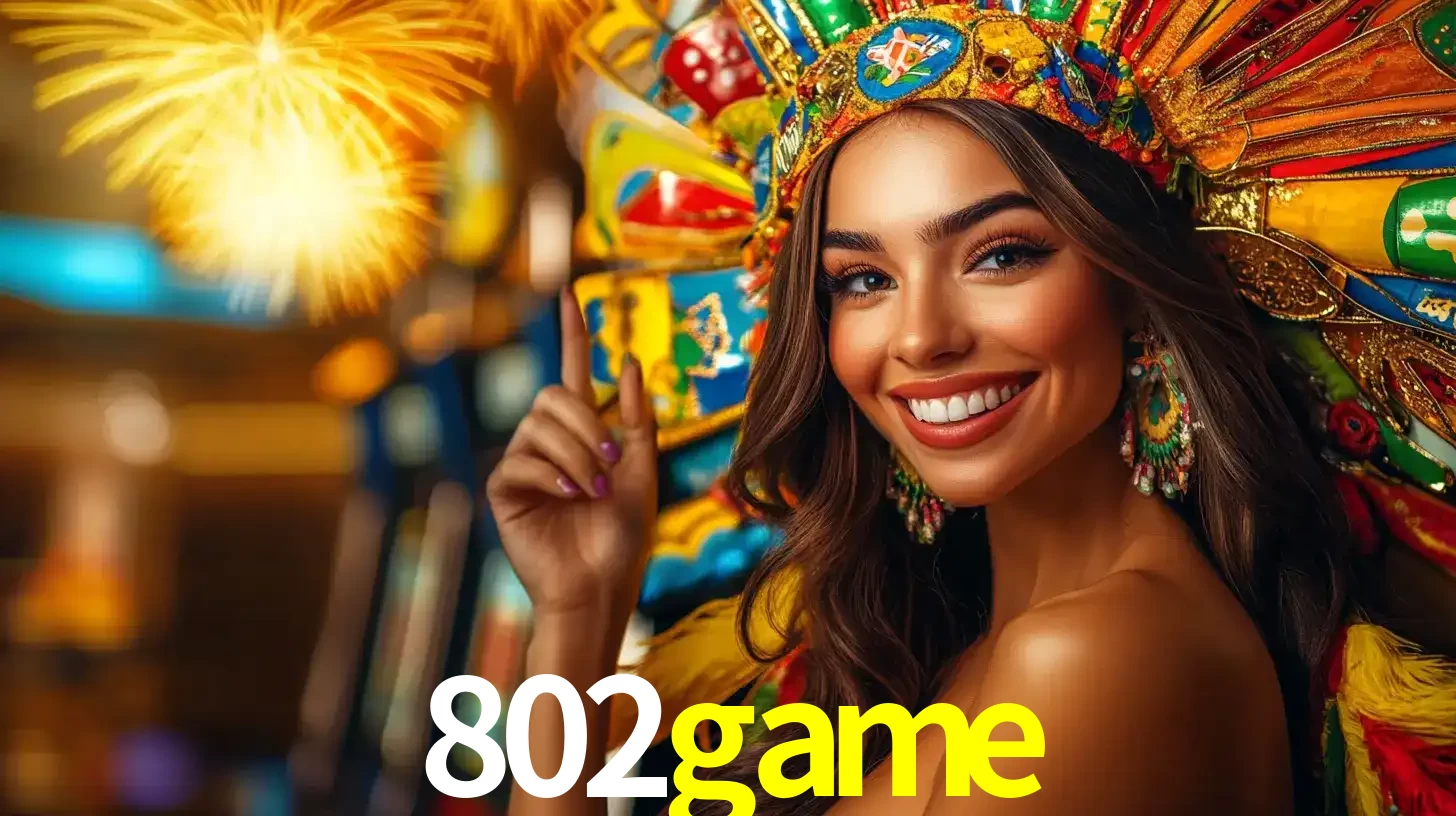 Mulher sorridente com um cocar de carnaval vibrante e colorido, celebrando uma grande vitória nos jogos do cassino 802game com fogos de artifício ao fundo.