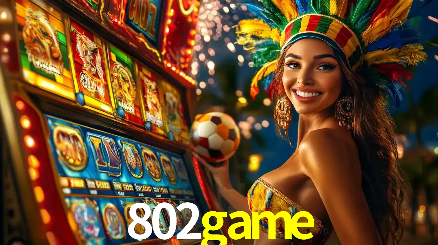 Mulher com um cocar de carnaval ao lado de uma máquina de caça-níqueis enquanto segura uma bola de futebol, mostrando a união da diversão de cassino e esportes no 802game.