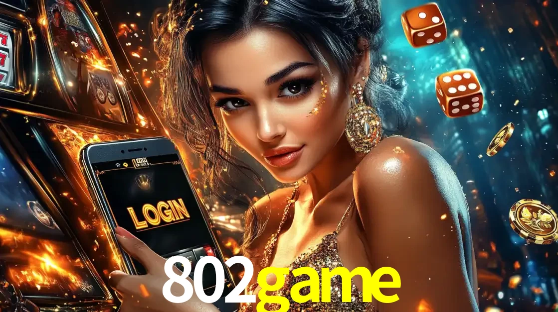 Mulher glamourosa segurando um celular com a tela de login do cassino 802game, rodeada por dados e moedas douradas, pronta para começar a diversão.