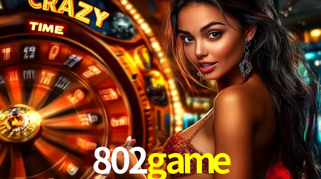 Mulher ao lado da roda de prêmios do jogo de cassino ao vivo Crazy Time, um dos shows de jogos mais emocionantes oferecidos pela plataforma de apostas 802game.