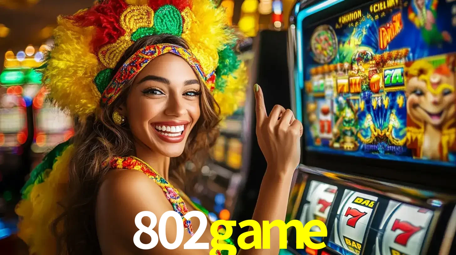 Mulher animada com um cocar de carnaval apontando para uma máquina de caça-níqueis, mostrando a emoção de ganhar um grande prêmio nos jogos do 802game.
