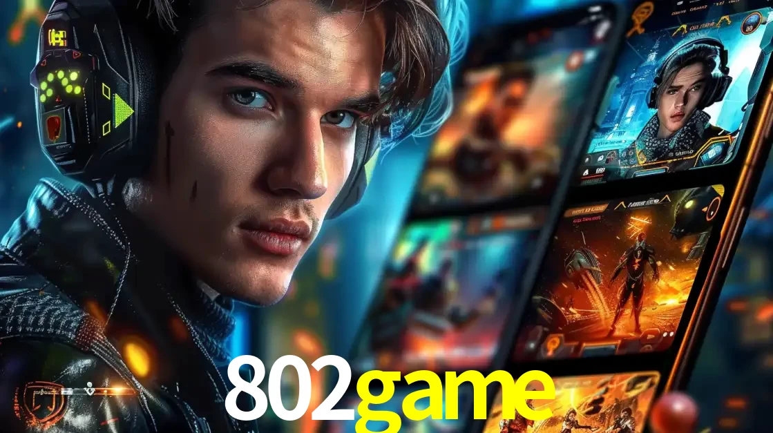 Jovem jogador com fones de ouvido olhando para a câmera, com um aplicativo de jogos e e-sports para celular ao fundo, pronto para a competição e apostas no 802game.
