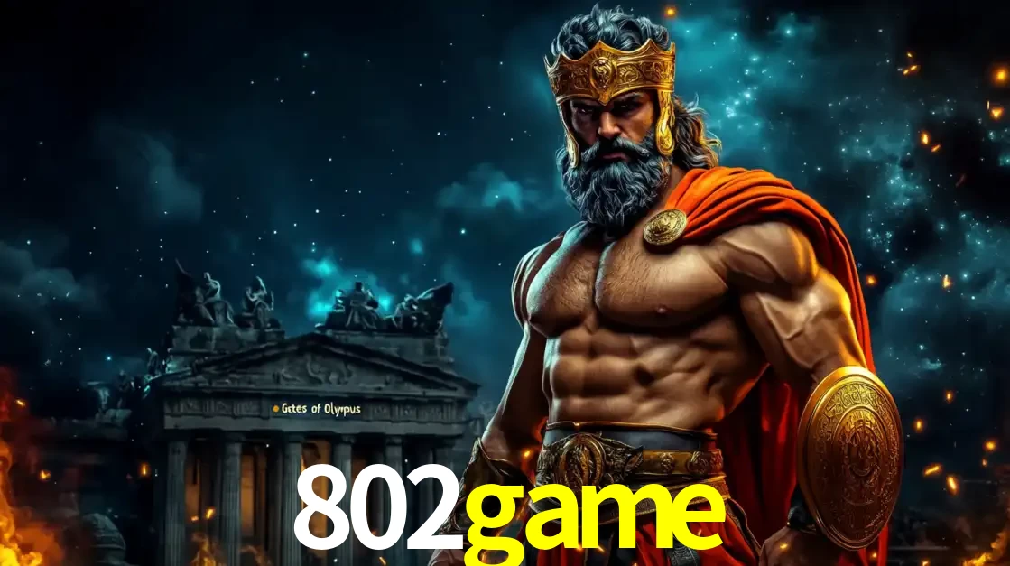O poderoso Zeus do jogo de slot Gates of Olympus em frente ao seu templo, pronto para lançar multiplicadores divinos e prêmios épicos no cassino online 802game.