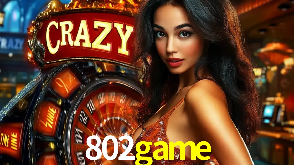 Mulher glamourosa olhando para a câmera com a roda vermelha do Crazy Time ao fundo em um ambiente de cassino, destacando a emoção dos jogos ao vivo no 802game.