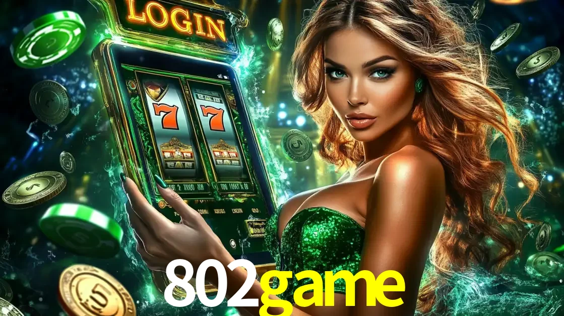 Mulher com tema verde apresentando o aplicativo do cassino 802game com um jogo de slot de 777, cercada por fichas de cassino e uma aura de sorte.