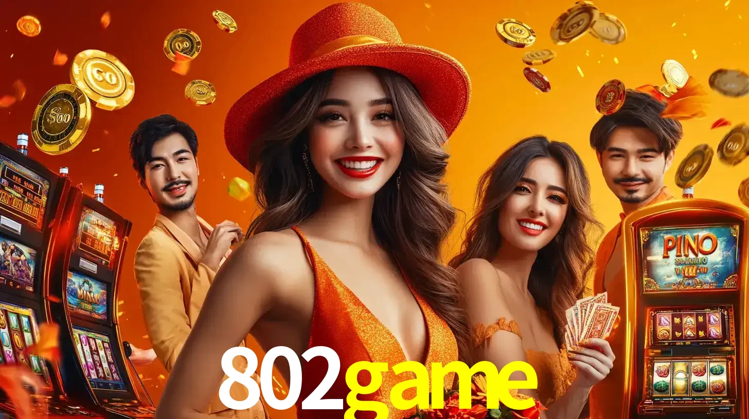 Grupo de amigos asiáticos sorrindo e se divertindo com máquinas de caça-níqueis em um ambiente festivo, celebrando suas vitórias nos jogos de cassino do 802game.