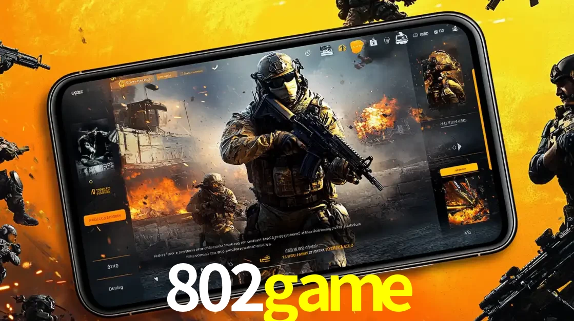 Um smartphone exibindo a interface de um jogo de tiro em primeira pessoa, com um soldado em um cenário de batalha, representando a ação dos e-sports para apostar no 802game.