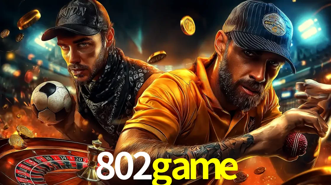 Montagem de apostas esportivas e cassino no 802game, com um homem segurando uma bola de futebol e outro uma de beisebol sobre uma roleta e moedas voadoras.
