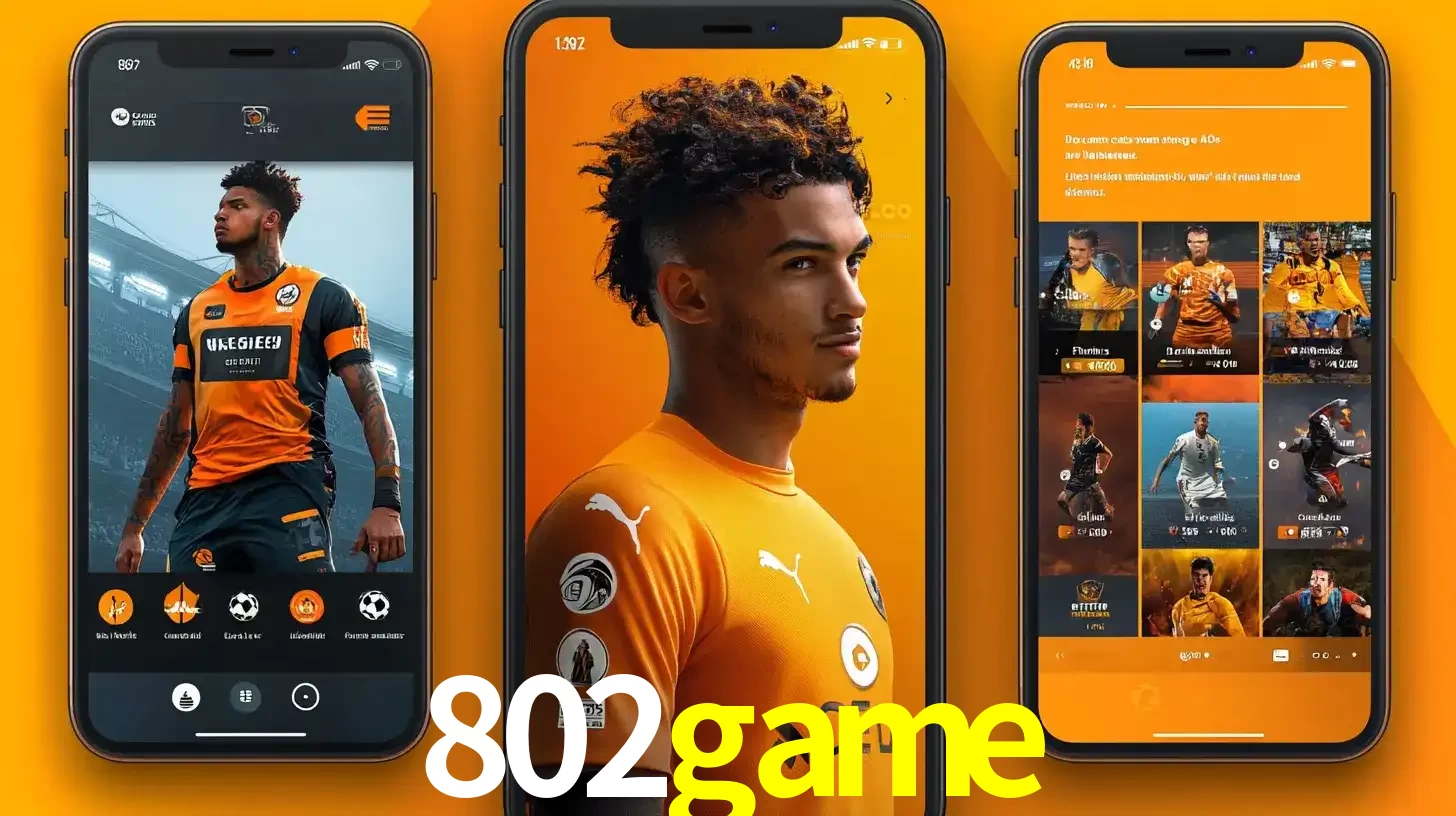 Interface do aplicativo de apostas esportivas 802game em três telas de celular, mostrando o perfil de um jogador de futebol e a lista de jogos disponíveis para apostar.