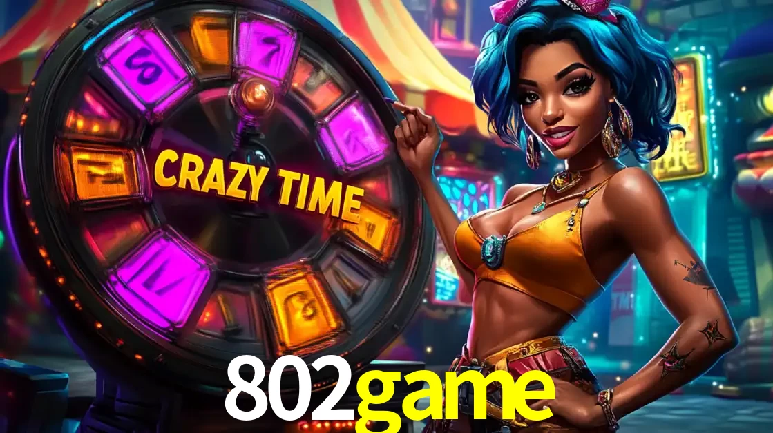 Mulher estilizada com cabelo azul e visual vibrante posando ao lado da roda de prêmios do game show Crazy Time, convidando para a diversão e os bônus do cassino 802game.