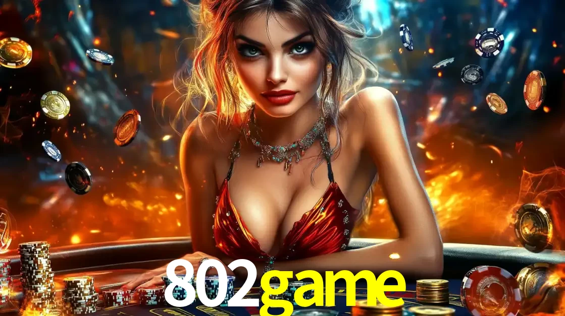 Mulher em uma mesa de cassino com pilhas de fichas e um fundo de fogo, pronta para uma rodada de altas apostas nos jogos de mesa emocionantes do cassino 802game.