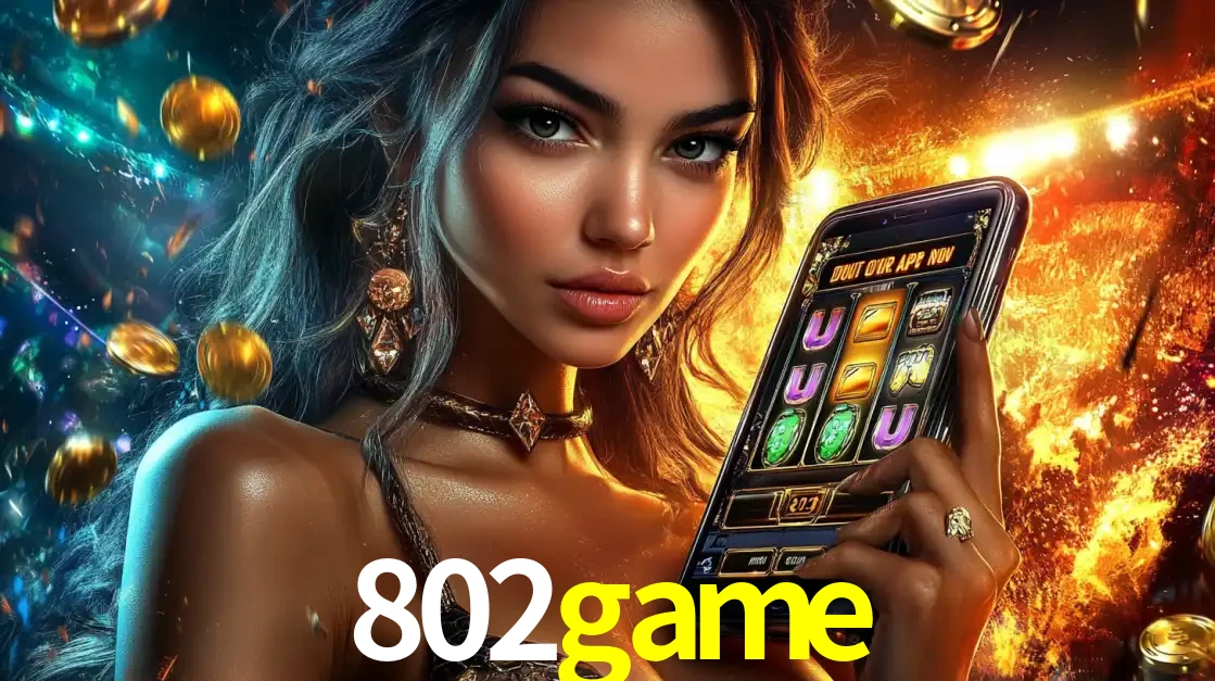 Mulher elegante mostrando um jogo de caça-níqueis em seu smartphone, destacando a experiência de cassino móvel oferecida pelo aplicativo 802game.