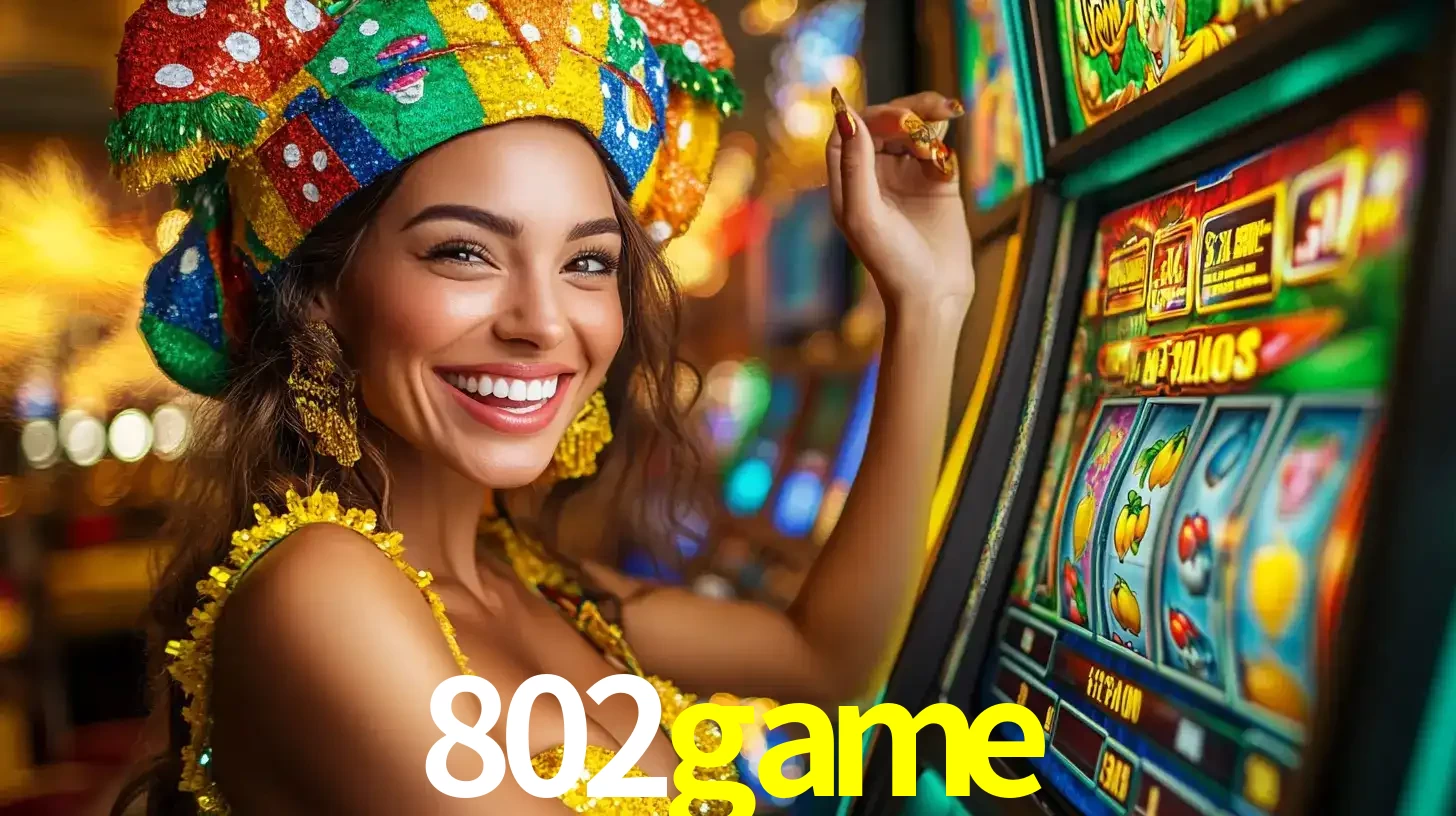 Mulher feliz com traje de carnaval amarelo e colorido ao lado de uma máquina de caça-níqueis, aproveitando a diversão e os jogos temáticos do cassino 802game.