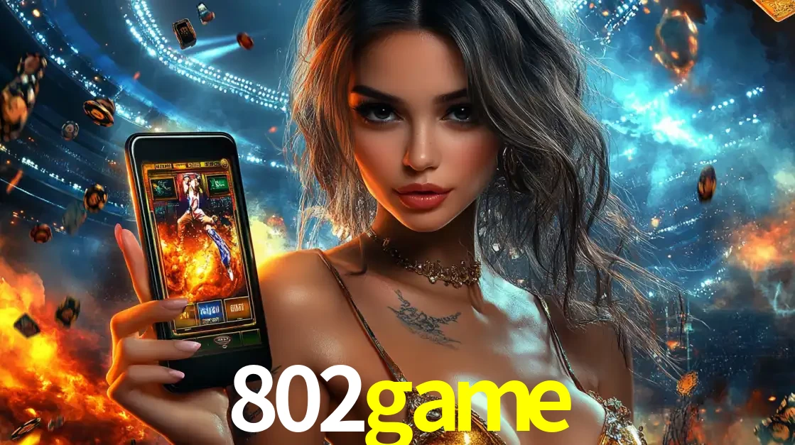 Mulher segurando um celular com um jogo de slot em destaque, tendo como fundo um estádio vibrante, simbolizando a emoção de jogar no cassino móvel 802game.