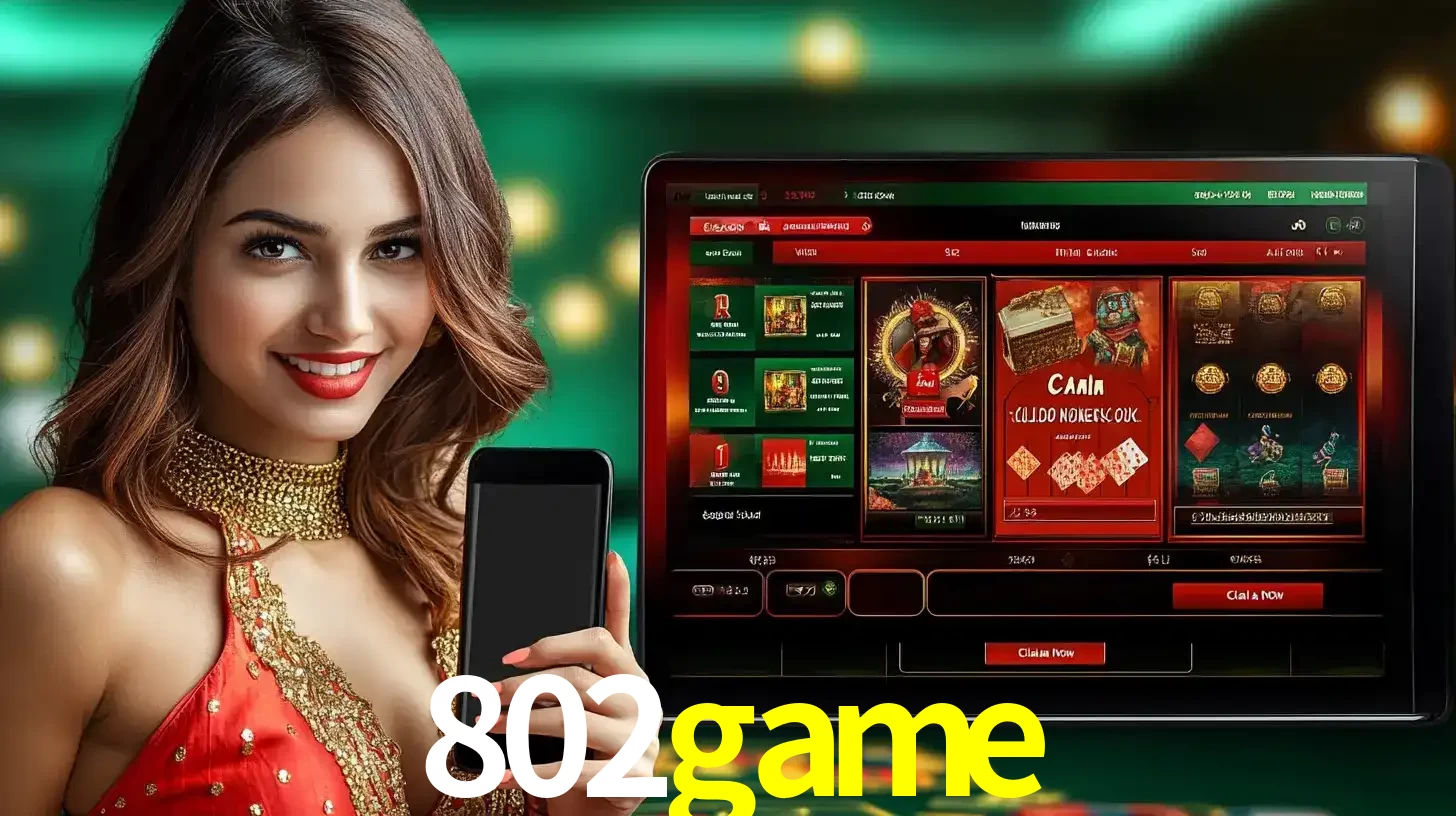Mulher sorridente segurando um smartphone, ao lado de uma tela exibindo o lobby de jogos do cassino online 802game, com várias opções de jogos de cartas e slots.